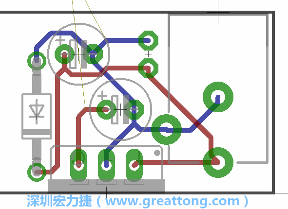 接地連結點的布線情形如下圖所示，利用這個練習來避免電路連線銳角化的產生是一個不錯的選擇，你可以在工具列中的彎曲線路（Wire Bend）選項里改變各種布線的變化。